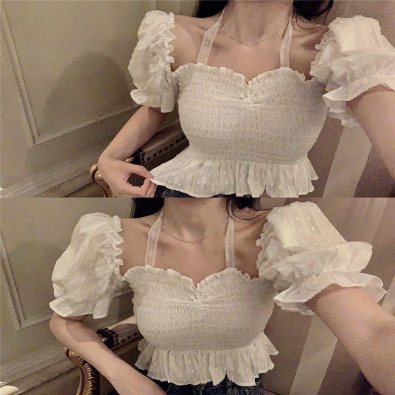 Short Puff Sleeve Top White Shirt Women's