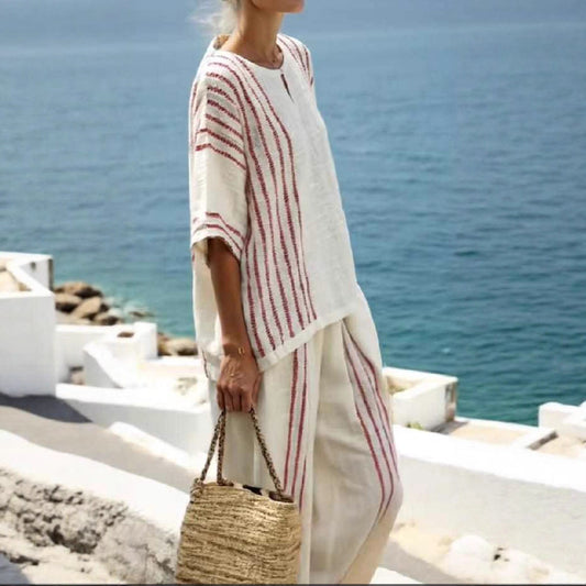 Round Neck Striped Short Sleeve Cotton And Linen Top Casual Pants Women's 2-piece Set