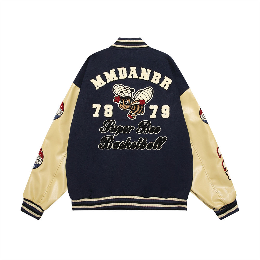 Machine Embroidery Letter Bee Loose Jacket Coat