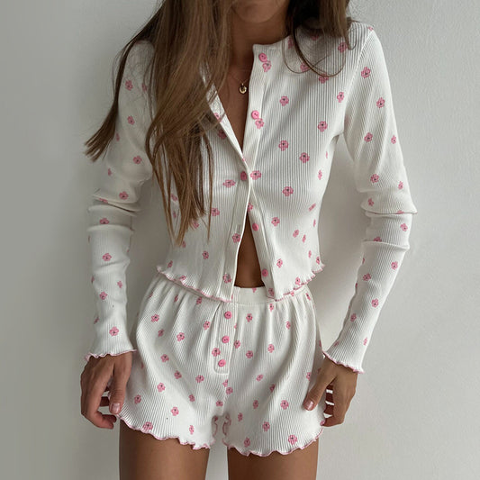 Knitted Printed Long-Sleeve Shorts Pajamas Womens Loungewear