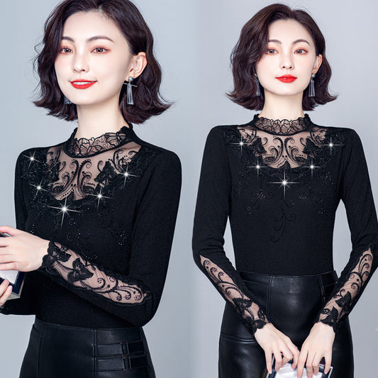 Autumn Autumn And Winter New Fashion Half Turtleneck Lace Rhinestone Bottoming Shirt Slim Fit