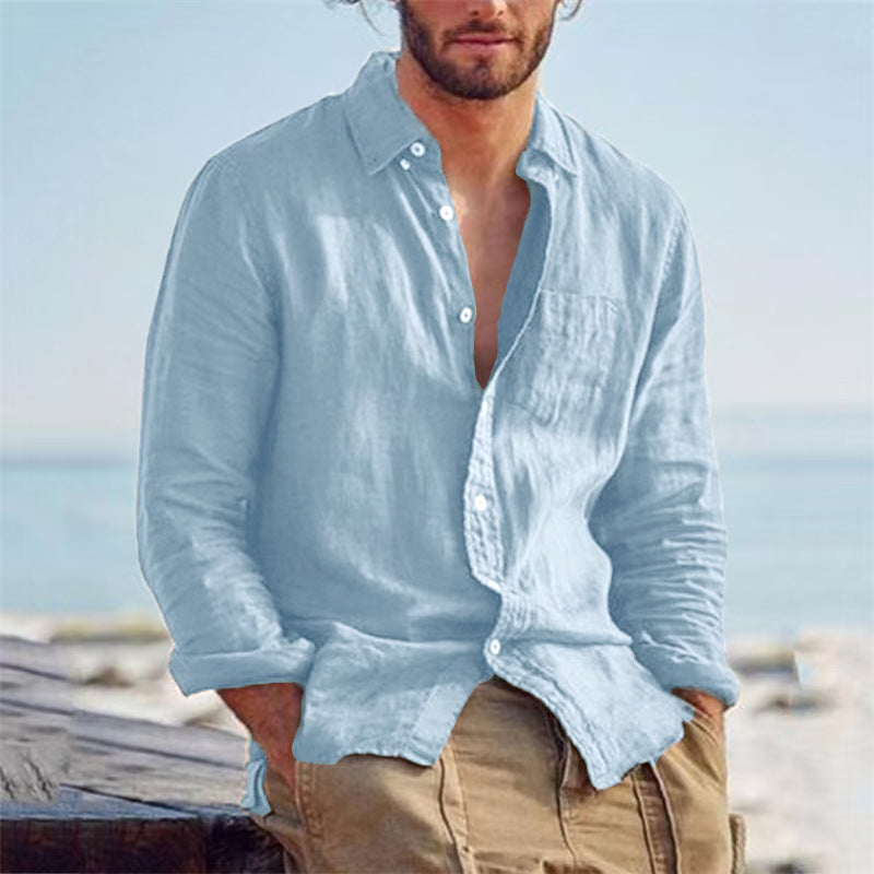 Summer Stand Collar Cotton And Linen Casual Solid Color Shirt