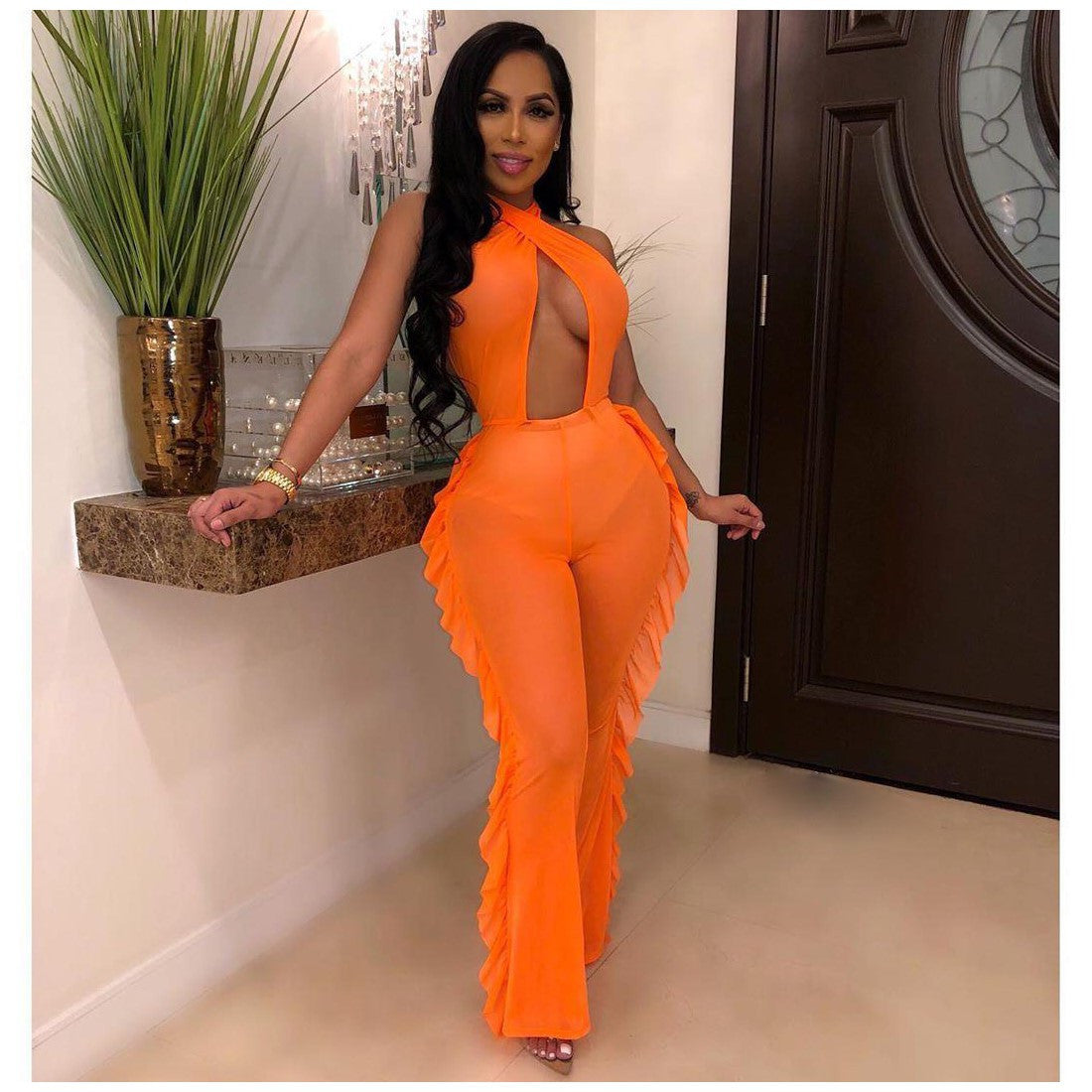European And American Solid Color Swimwear Mesh Jumpsuit With Panties
