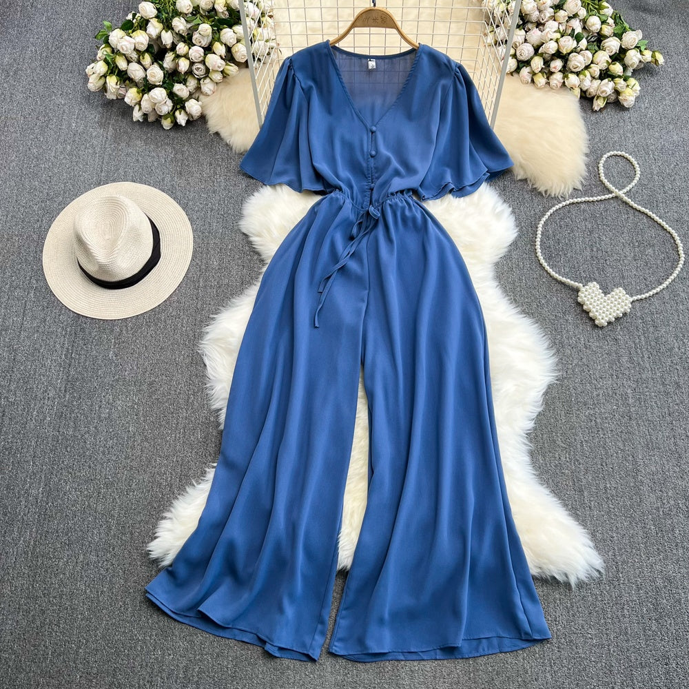 Retro Fashionable Temperament V-neck Short-sleeved Waist Jumpsuit