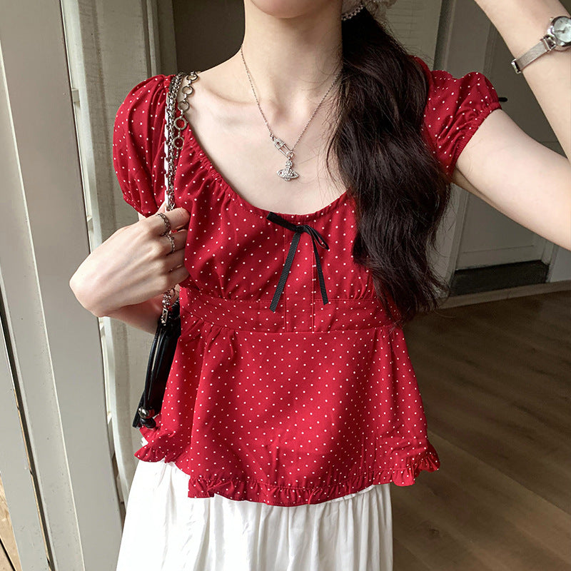 Hong Kong Style Retro Chic Red Polka Dot Bow Short Sleeve