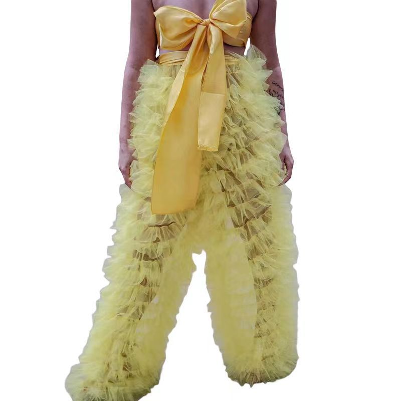 Sweetheart Girl Mesh Splice Elastic Cake Pants