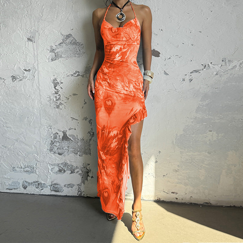 Women's Fashionable Printed Strap Split Dress