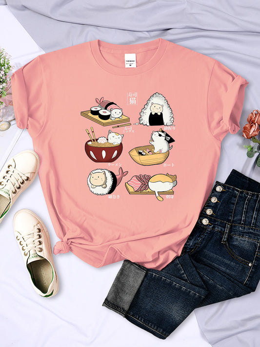 Sushi Cats Dag Harajuku Print Dame T-shirts Mode T-shirt