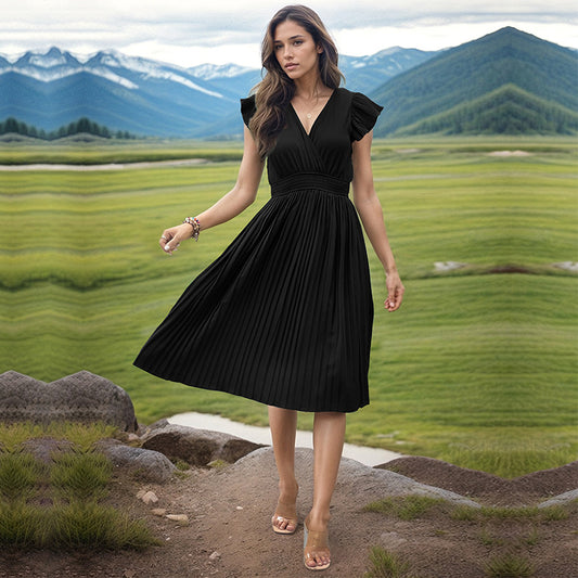 Simple Elegant V-neck High Waist Pleated Dress