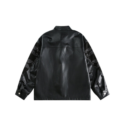 Spring New Chinese Stitching Buckle Stand Collar PU Leather Jacket