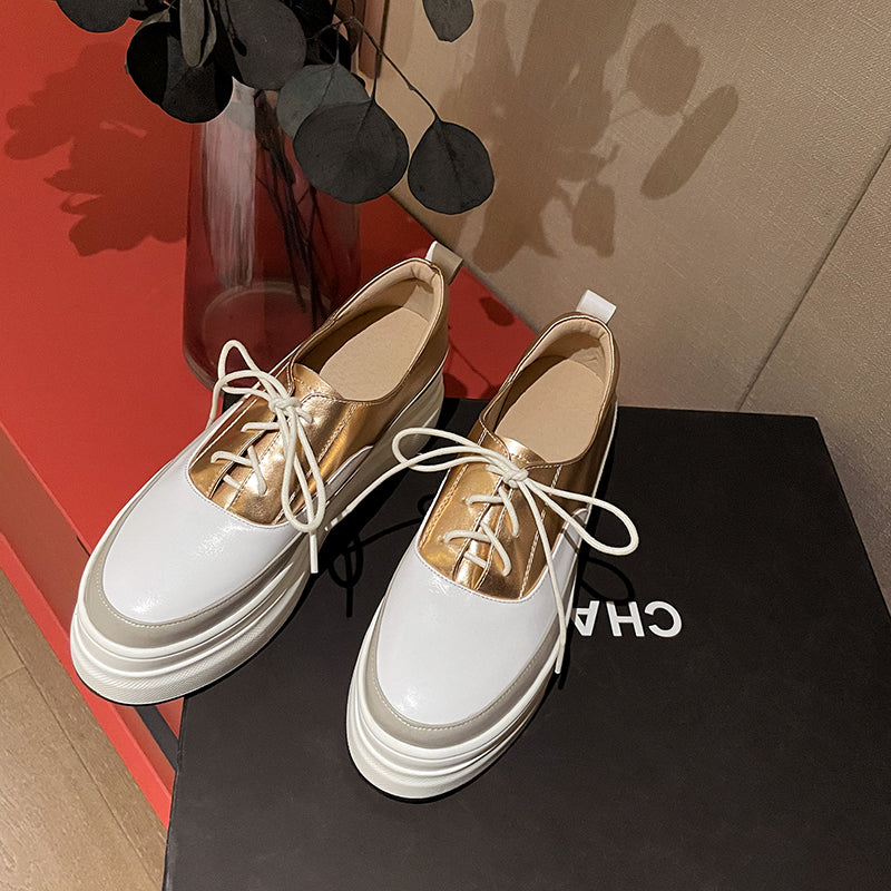 Women's Fashion Leather Color Matching Thick Sole Shoes