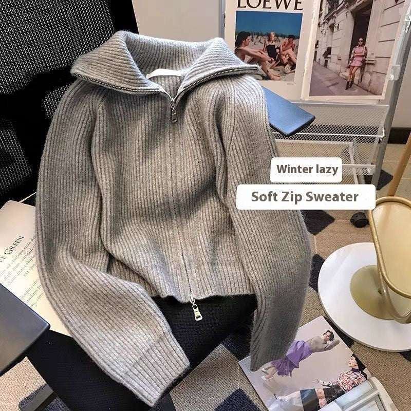 Women's Lapel Zipper Knitted Cardigan
