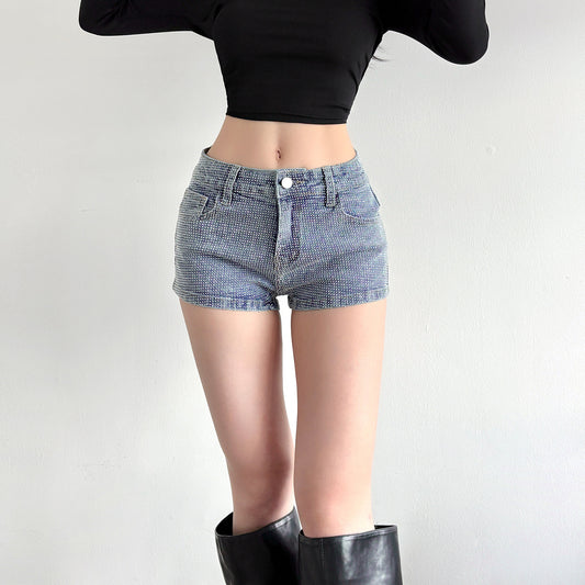Fashionable Sparkly Heat-applied Rhinestone Low-rise Denim Hip-hugging Shorts