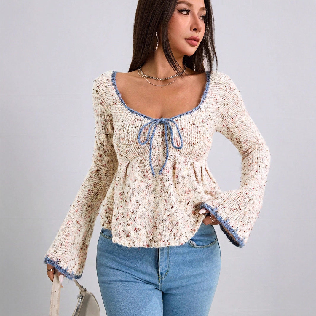 Women's Large V-neck Tie-neck Flared Sleeves Knitted Sweater