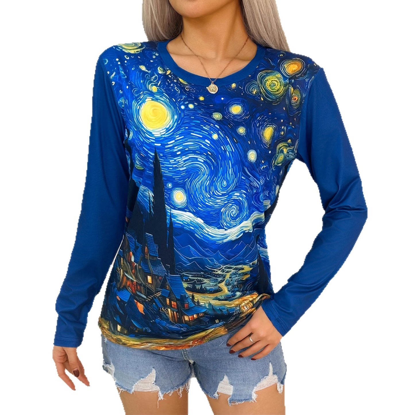 Womens Casual Versatile Loose Fitting Long Sleeve Crew Neck Top With A Starry Sky Design