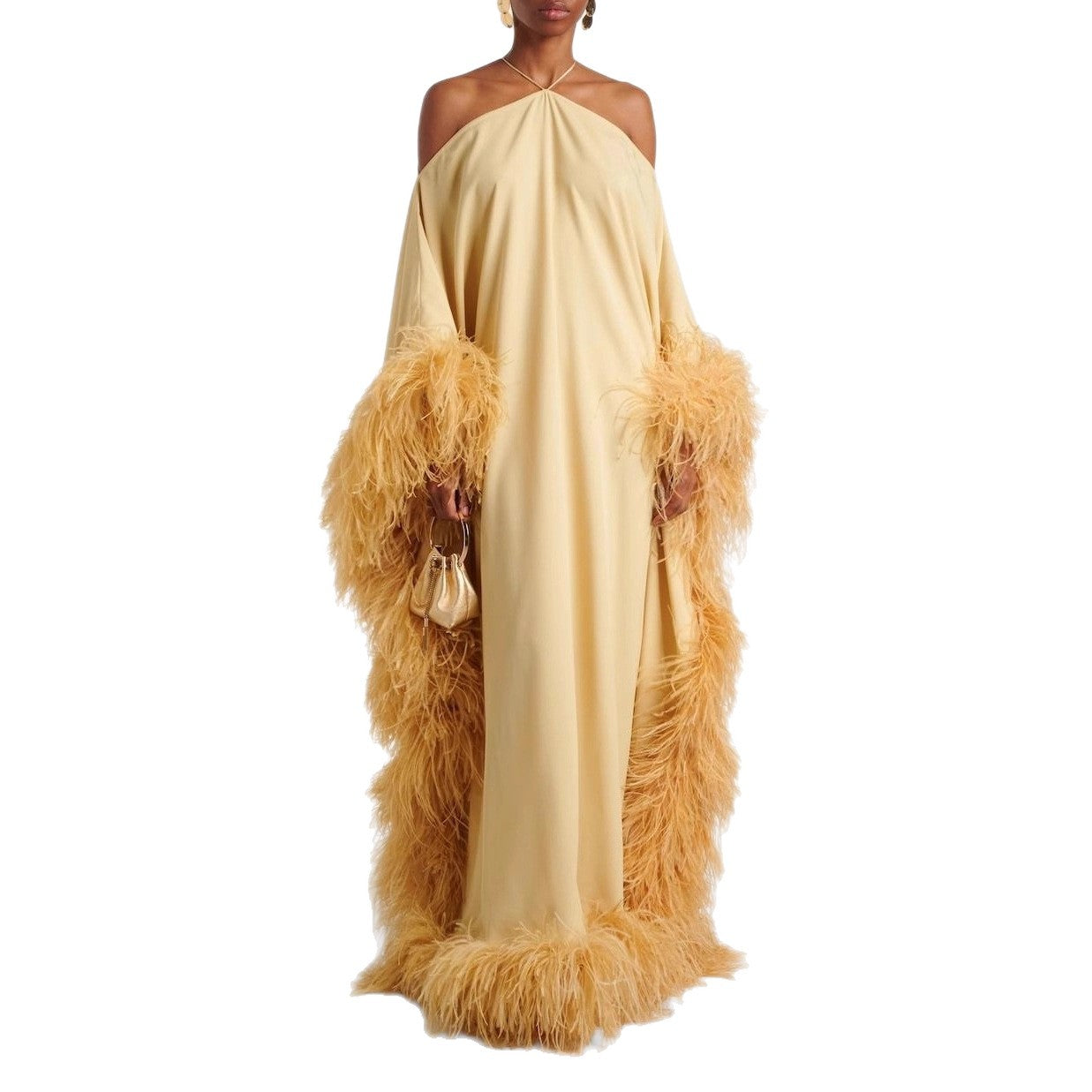 Womens Fashionable Halterneck Off-shoulder Feather Dress