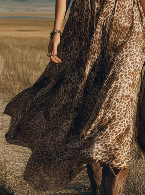 Western Retro Brown Leopard Print Chiffon Sleeveless Maxi Dress