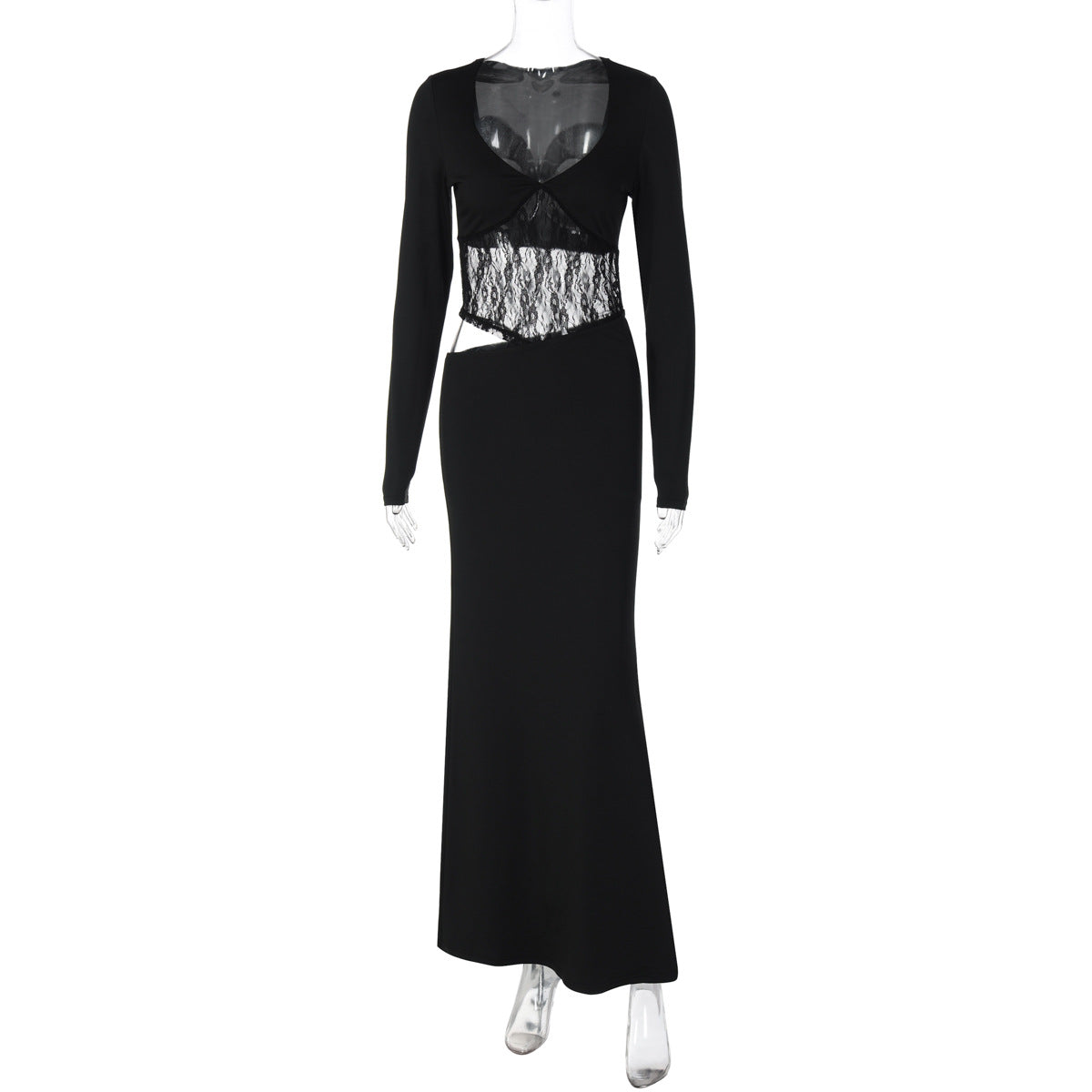 Solid-color Long-sleeve Lace-panelled Maxi Dress Sexy Hollow-out One-piece Gown