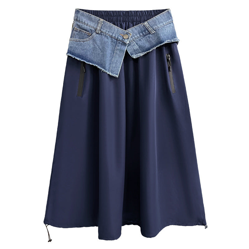 Women's American-style Color Contrast Patchwork Denim Skirt