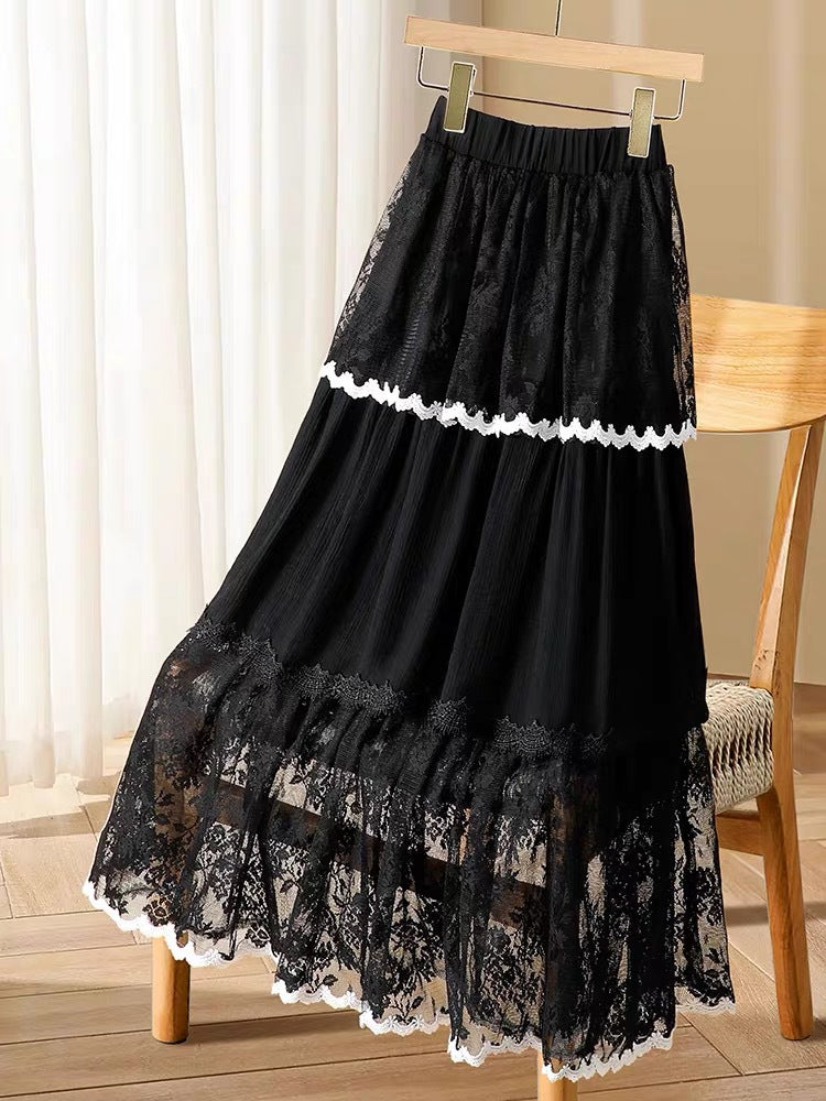 Womens Casual Versatile Lace-trimmed Skirt
