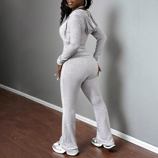 Knitted Ribbed Two-piece Full-length Pants Set