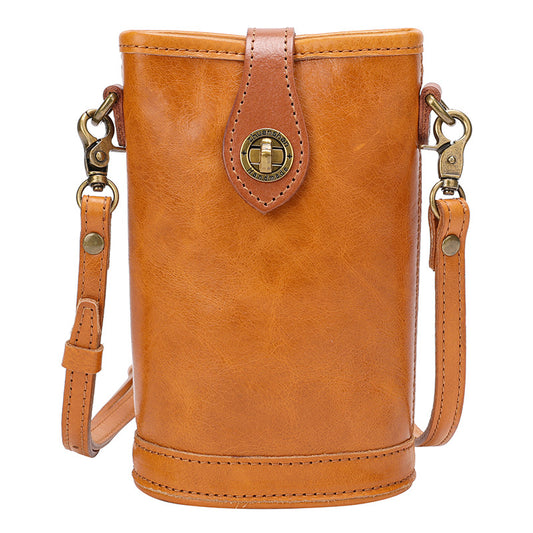 Original Mobile Phone Bag Vegetable Tanned Oil Wax Cowhide Round Barrel Small Bag