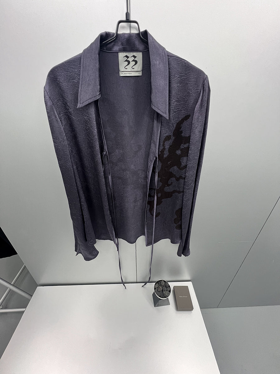 Pleated Satin Abstract Printing Vintage Lace-up Purple Shirt
