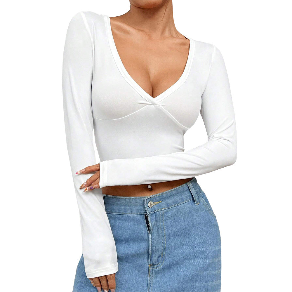 European And American Women's Sexy Style V-neck T-shirt Autumn And Winter Solid Color Design Crop Top Long Sleeve