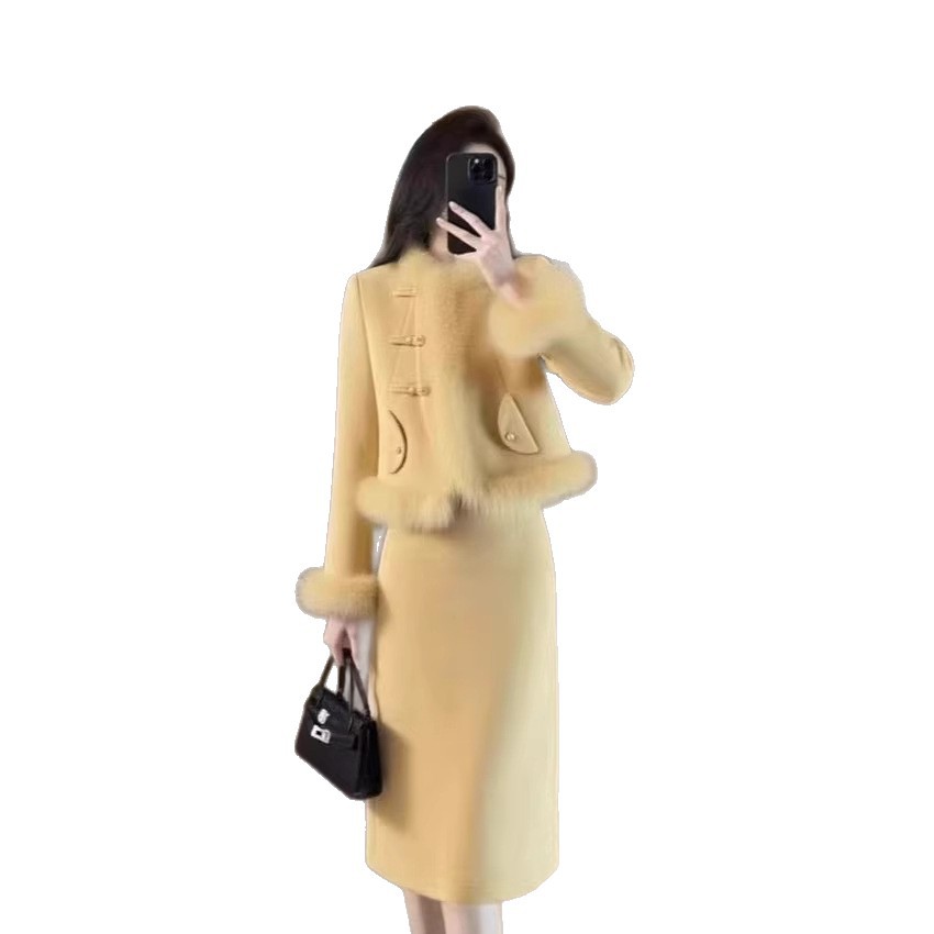 Yellow Wool Coat And Skirt Set Extra Thick