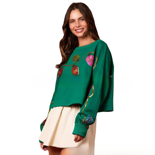Christmas Bell pailletbesat casual langærmet kort sweater