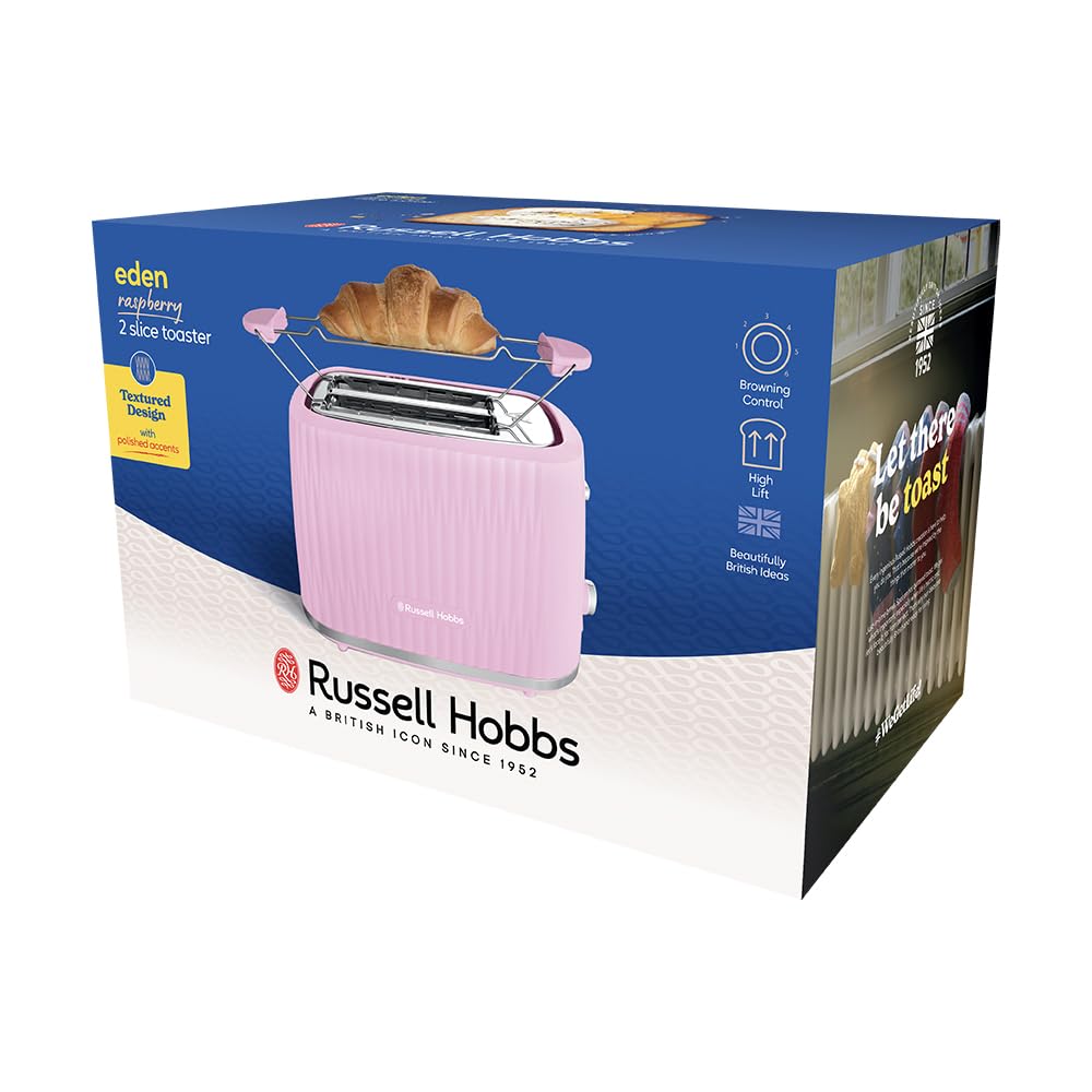 Russell Hobbs 2 skivor (6 rostningsnivåer, höglyftsfunktion, inställningar för fryst bröd, uppvärmning och stoppfunktion, uppvärmningsgaller ingår, texturerad exteriör) Eden Rosa 27372-56