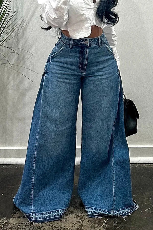 Løse vidde ben jeans med syninger og trompetformet pasform, kvastbukser