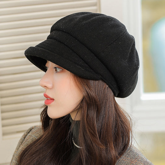 Rolled Solid Color Octagon Hat Casual Versatile Beret