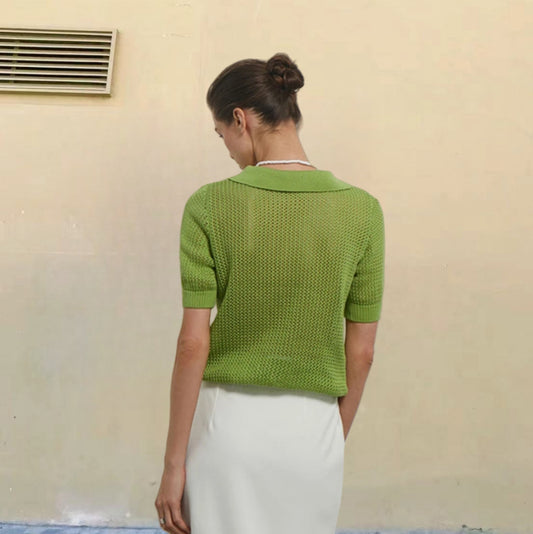 European And American Short Sleeve Lapel Hollow See-through Knitwear Solid Color And V-neck