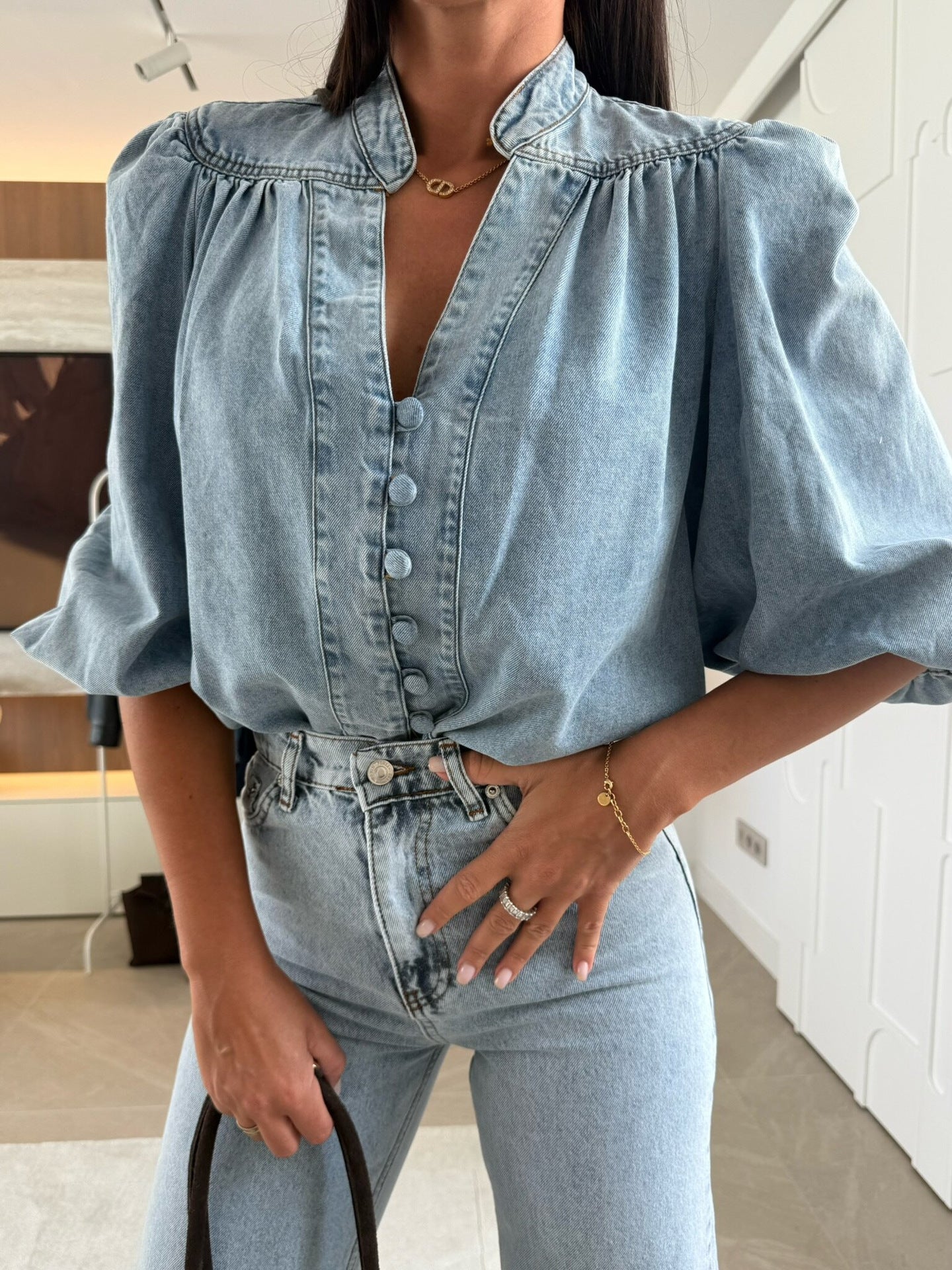 New Arrival Fashionabl Casual Retro Denim Shirt With Puffed Sleeves And V-Neck