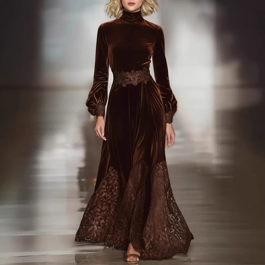 Brown Lace Long-Sleeve Slim-Fit Patchwork Maxi Dress