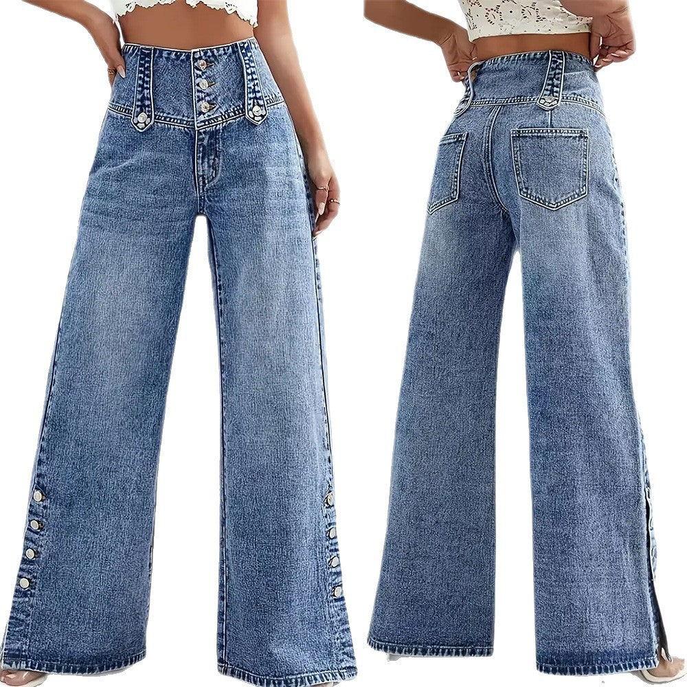 Højtaljede Retro Jeans med Knapper og Vide Ben til Kvinder