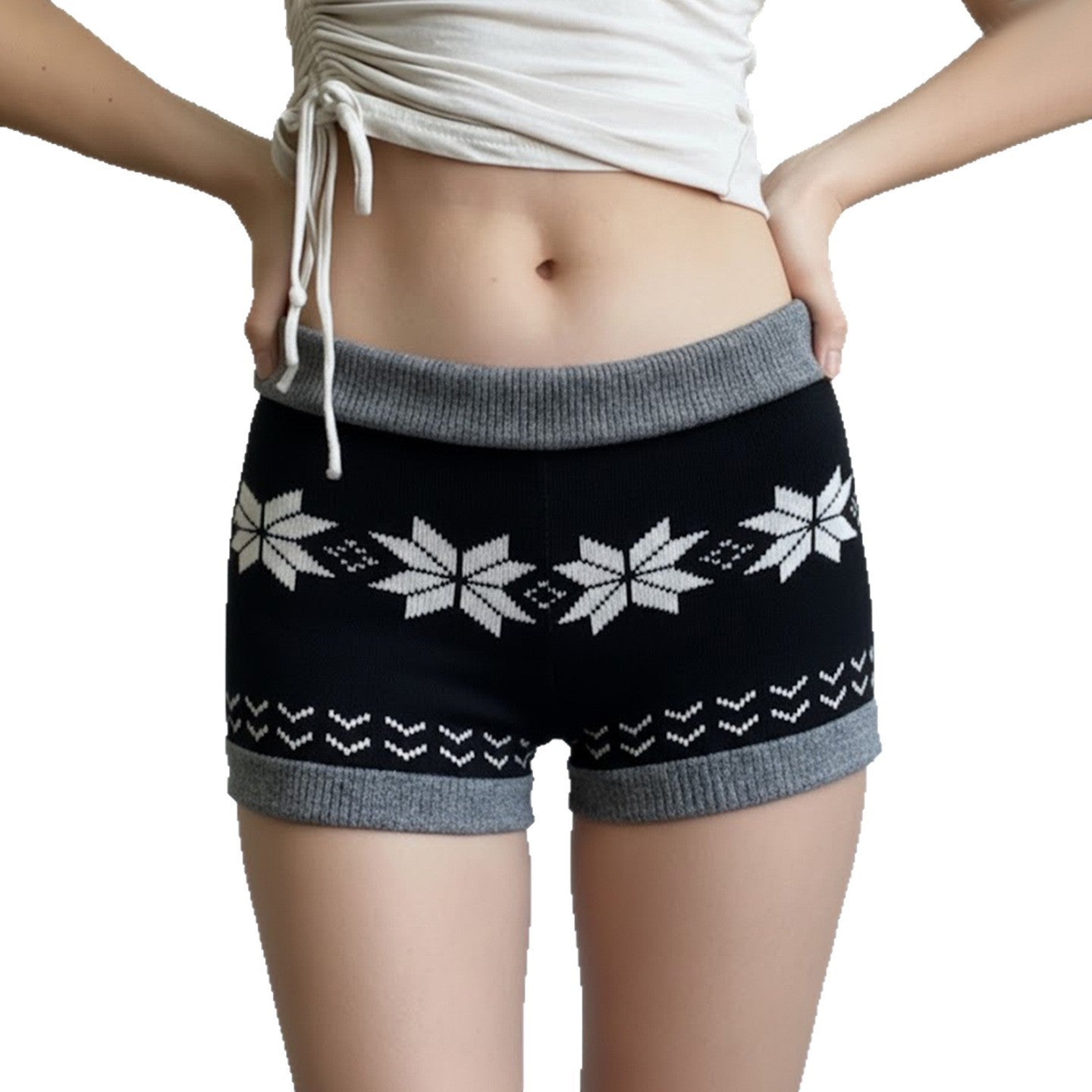 Retro Fair Isle Colorblock Snowflake Stretch Knit Shorts