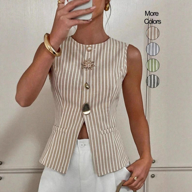 Striped Single-Breasted Vest Fashionable Round-Neck Irregular-Button Tank Top