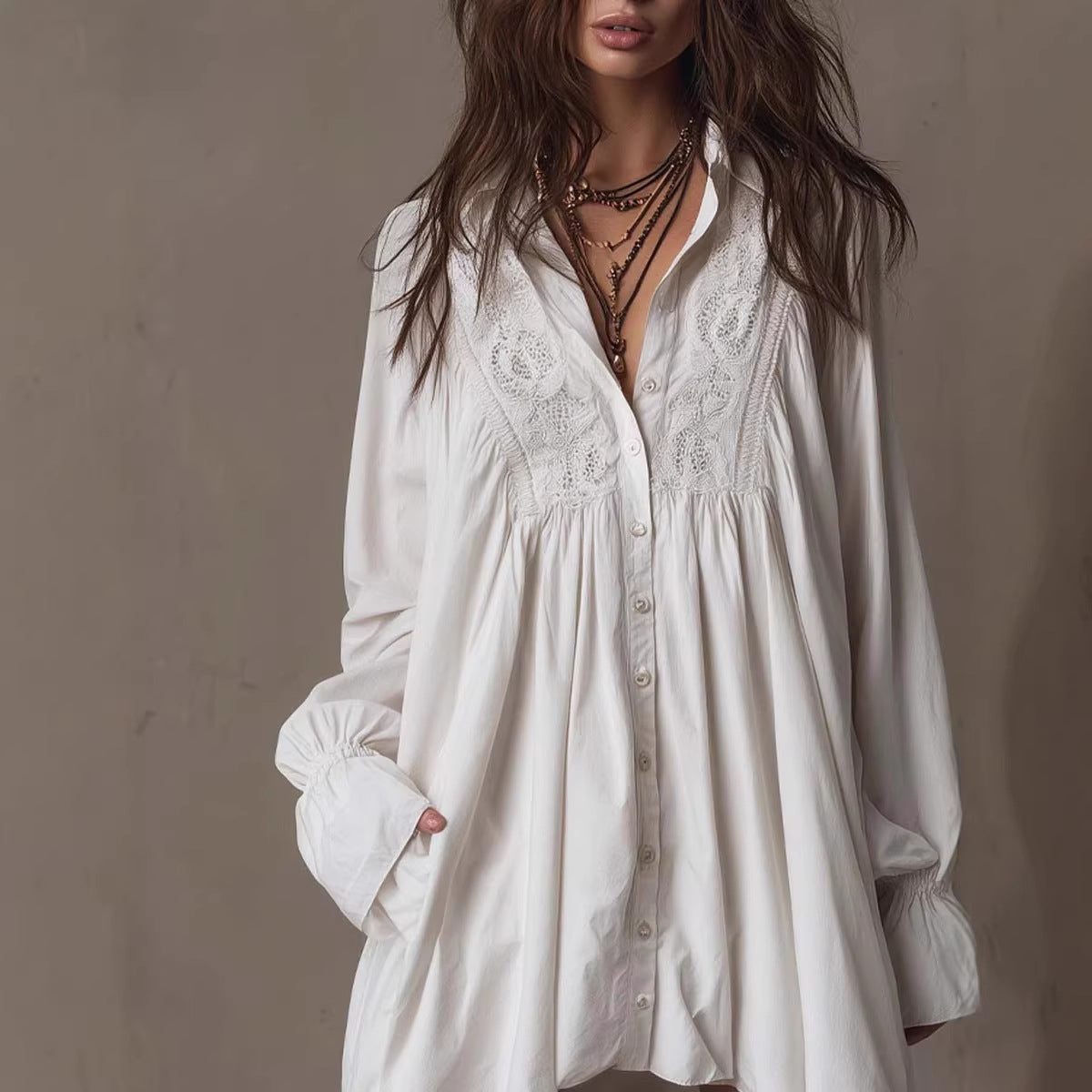 Notch-lapel Long-sleeve Flared-sleeve Button-front Mid-length Shirt