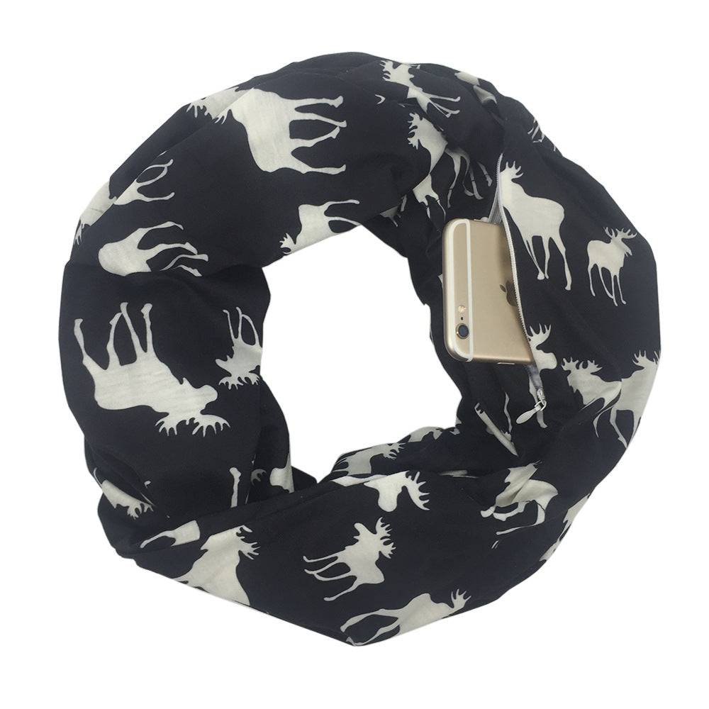 Christmas Themed Elk Print Zipper Pocket Scarf