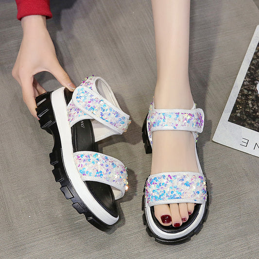 Daddy Sports Sandals Women's Sequined Sponge Cake Thick-soled Velcro Beach Sandals