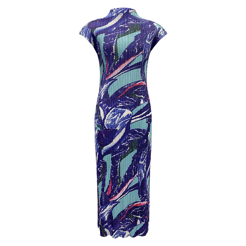 Flounced Sleeve Printed Pleated Dress