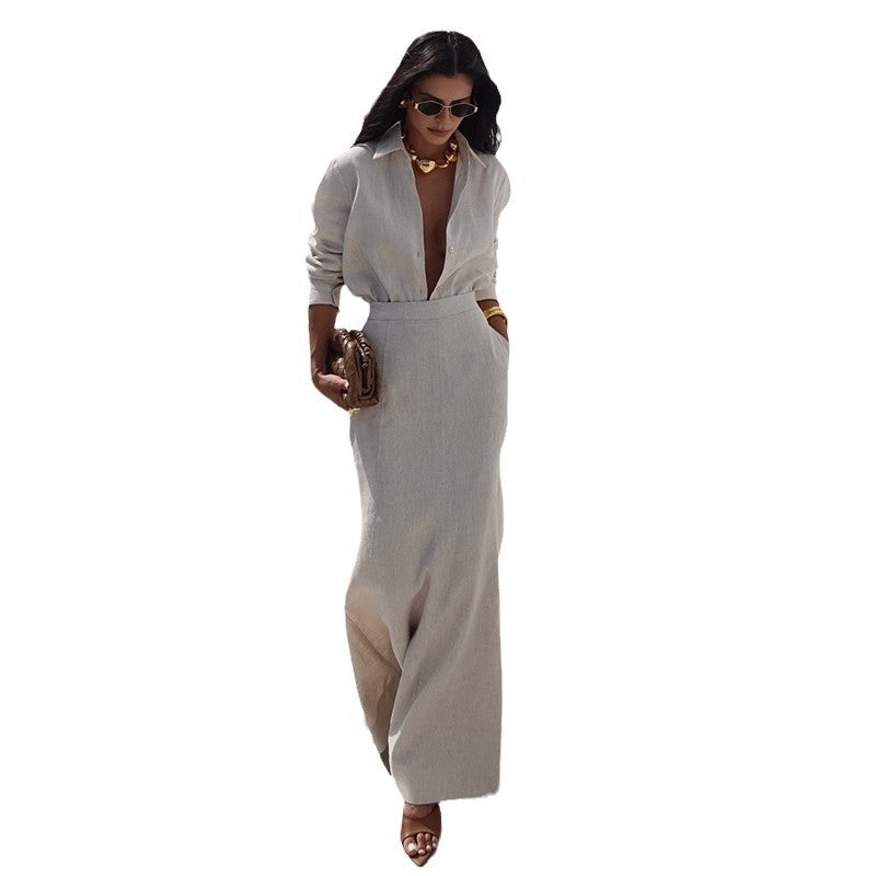 Elegant Crew-neck Long-sleeve Shirt And High-waisted Figure-flattering Skirt Two-piece Set