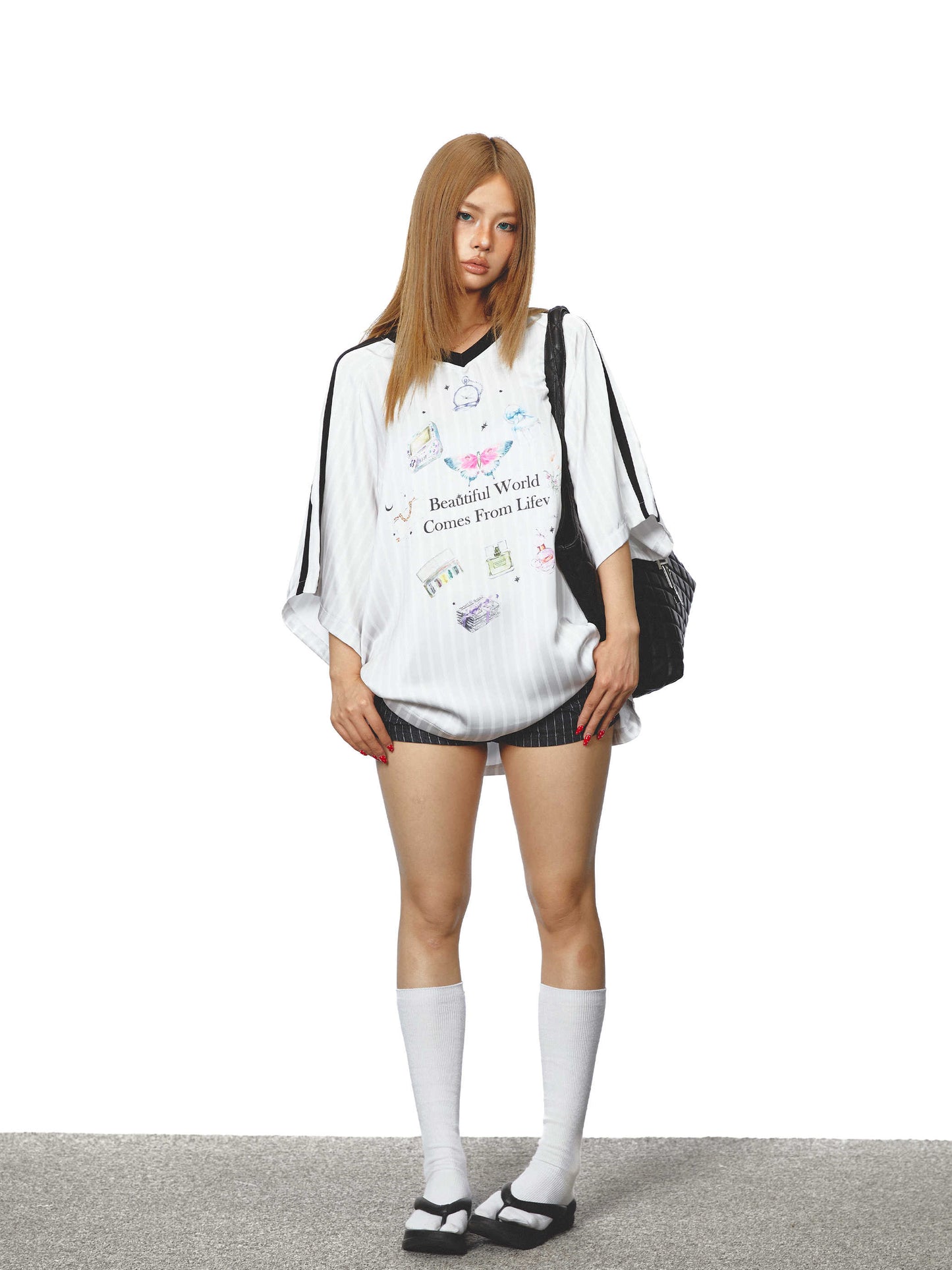 Color Contrast Patchwork Cartoon Printed V-neck T-shirt