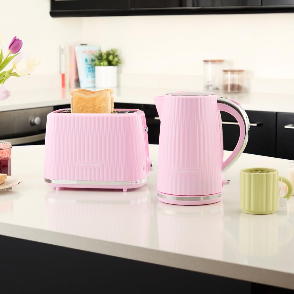 Russell Hobbs 2 skivor (6 rostningsnivåer, höglyftsfunktion, inställningar för fryst bröd, uppvärmning och stoppfunktion, uppvärmningsgaller ingår, texturerad exteriör) Eden Rosa 27372-56