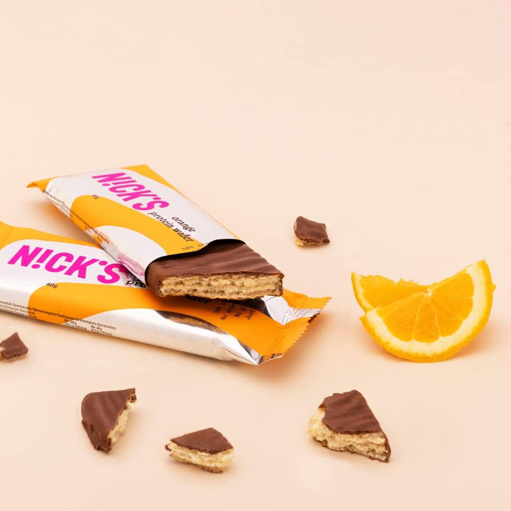 NICKS Protein Wafer Bar | 25% Protein | 203 Calories | Low carb Choklad Kexbar Snack utan tillsatt socker, glutenfri (Orange, (24x40g))