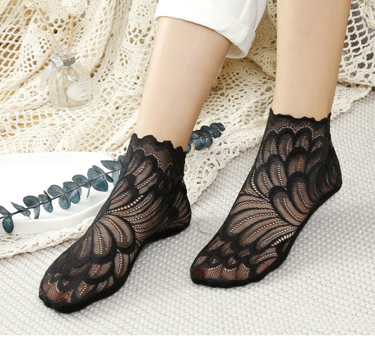 Socks Women Short Cute Solid Color Cotton Bottom Breathable In Tube Mesh Lace Lace