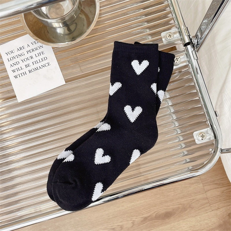 Color Matching Thick Thread Colored Loving Heart Pure Cotton Mid-calf Length Socks