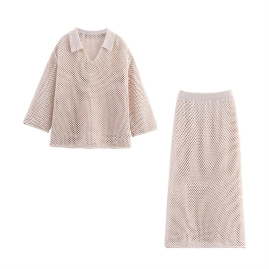 Hollow Long Sleeve Knitted Skirt Suit